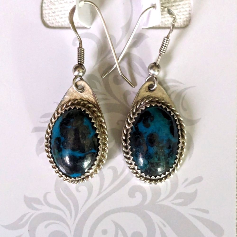925 Sterling Silver Chrysocolla Earrings Drop Dangled Artist signed K-1